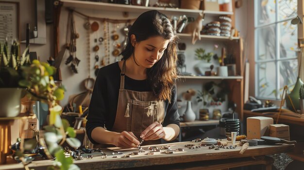 Jonge vrouwelijke kunstenaar werkt in haar studio Ze maakt een ketting