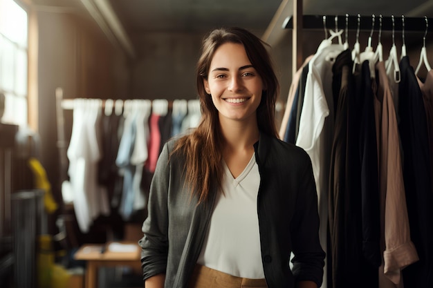 Jonge vrouwelijke modeontwerper glimlacht bij de hangende kleding