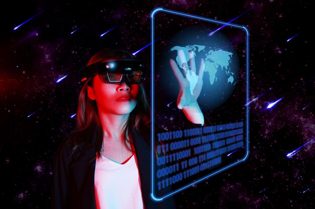 Foto jonge vrouwelijke ondernemers controleren de geavanceerde technologie in de ar vr galaxy wereld