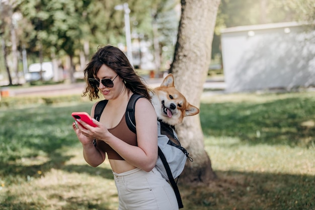 Jonge vrouwelijke reiziger loopt buiten en gebruikt de telefoon in het stadspark met de hond Welsh Corgi Pembroke in een speciale rugzak