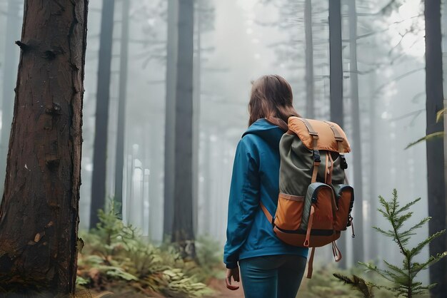 Jonge vrouwelijke reiziger met rugzak staande in het bos met hoge naaldbomen op mistige dag