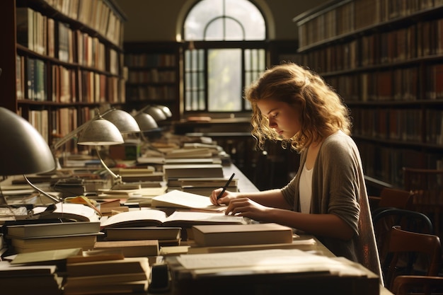 Jonge vrouwelijke student studie in bibliotheek student studie in de bibliotheek lezen boek Ai gegenereerd