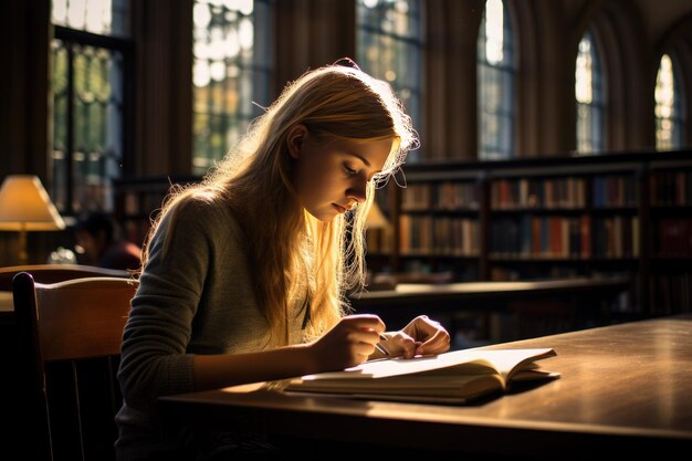 Jonge vrouwelijke student studie in bibliotheek student studie in de bibliotheek lezen boek Ai gegenereerd