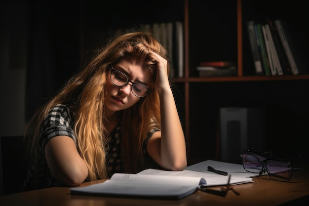 Jonge vrouwelijke student zit op een bureau en ziet er gestrest uit gemaakt met generatieve AI