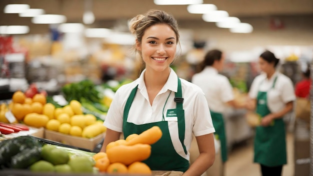 Jonge vrouwelijke supermarktmedewerker op het werk