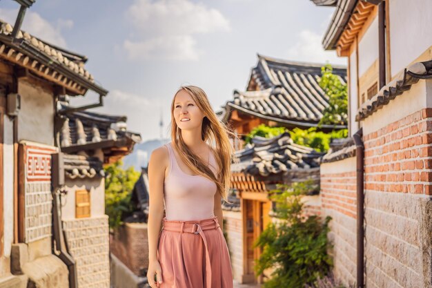Jonge vrouwelijke toerist in Bukchon Hanok Village is een van de beroemde plekken waar Koreaanse traditionele huizen bewaard zijn gebleven. Reizen naar Korea Concept