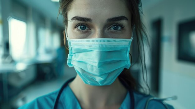 Jonge vrouwelijke verpleegster bij de camera met chirurgisch masker en scrub