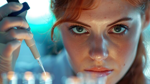 Jonge vrouwelijke wetenschapper die in een laboratorium werkt en een biochemisch laboratoriummonster onderzoekt