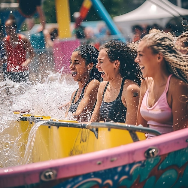 Foto jonge vrouwen die plezier hebben in een waterrit in een pretpark generatieve ai