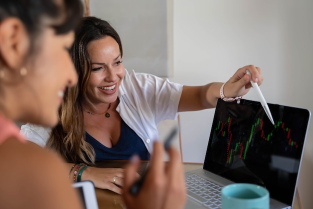 Jonge vrouwen die thuis naar handelsgrafieken kijken