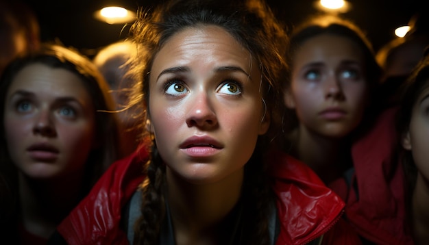 Foto jonge vrouwen en mannen verlicht in het nachtleven die samen naar boven kijken gegenereerd door kunstmatige intelligentie