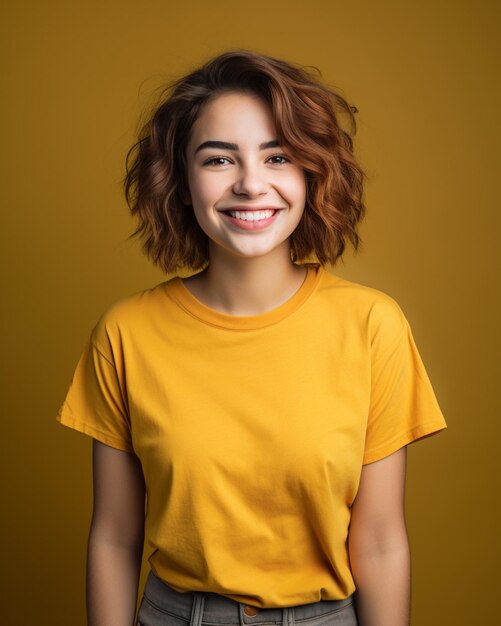 jonge vrouwen glimlachen met een geel T-shirt