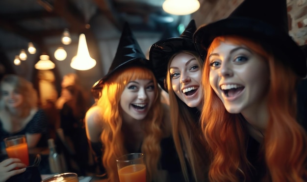 Jonge vrouwen met heksenhoeden die plezier hebben op een Halloweenfeestje