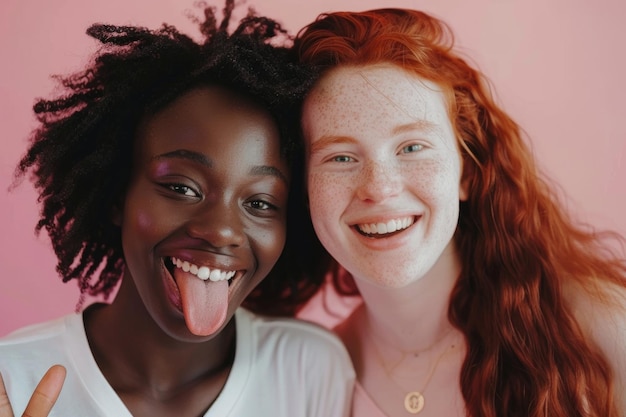 Jonge vrouwen met verschillende achtergronden tonen een vredesteken in de studio