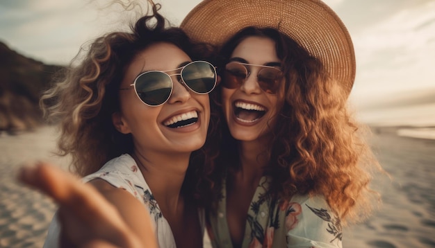 Jonge vrouwen op het strand die selfie nemen en lachen