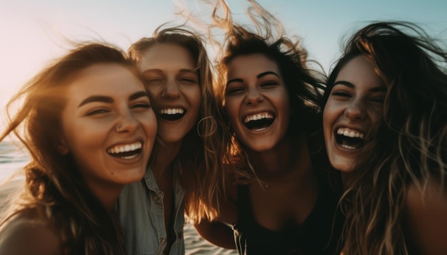 Foto jonge vrouwen op het strand die selfie nemen en lachen