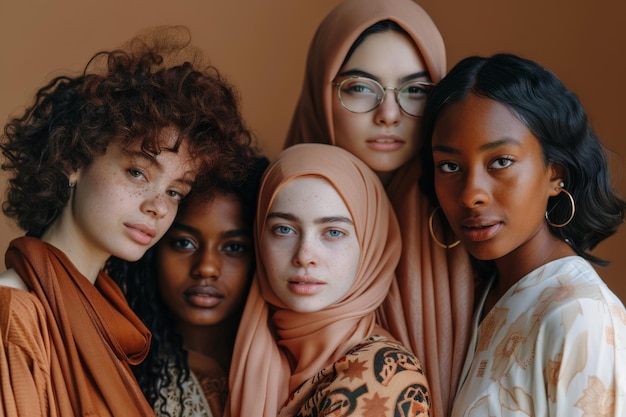Jonge vrouwen van multiculturele uitstraling verschillende rassen en huidskleur maar vrienden internationale vrouwen39s dag verschillende religies islam christendom