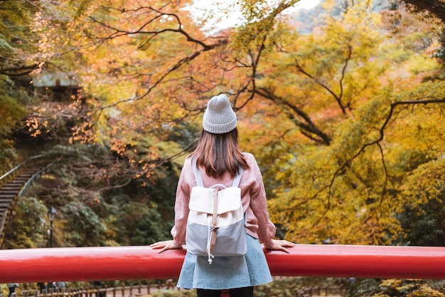Jonge vrouwenreiziger die mooi landschap minoo park bekijken in japan, het concept van de reislevensstijl