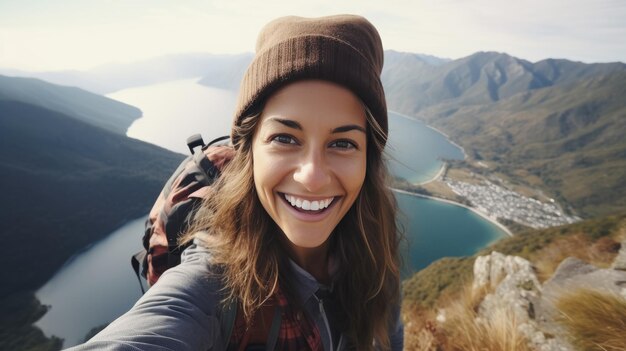 Foto jonge wandelaar vrouw selfie portret nemen op de top van de berg gelukkige man glimlachend in de camera toerisme sport levensstijl en sociale media influencer concept