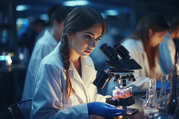 Jonge wetenschappers voeren onderzoek uit in een medisch laboratorium een onderzoeker op de voorgrond gebruikt een microscoop gegenereerd met AI