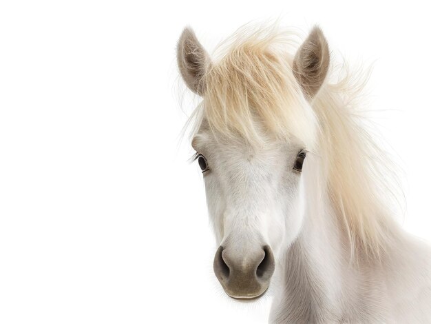 Foto jonge witte paard front close-up portret op witte geïsoleerde achtergrond wild schattig paard baby