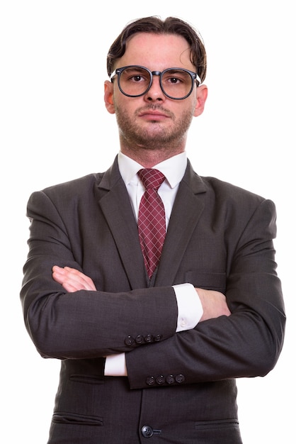 jonge zakenman bril met gekruiste armen dragen