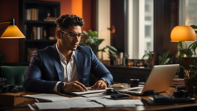 Jonge zakenman die thuis werkt met een laptop en papieren op zijn bureau.