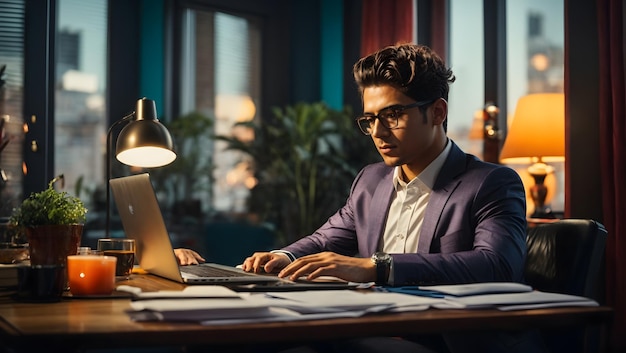 Jonge zakenman die thuis werkt met een laptop en papieren op zijn bureau.
