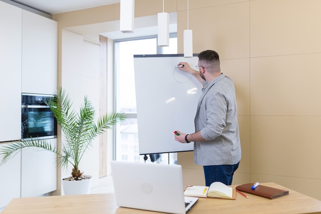 jonge zakenman in casual kleding online vergadering presentatie of training met behulp van een laptop-webcam en een flip-over met markeringen