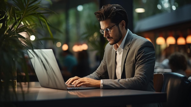 Jonge zakenman met behulp van laptopcomputer in moderne Office Manager denkt over succesvolle financiële