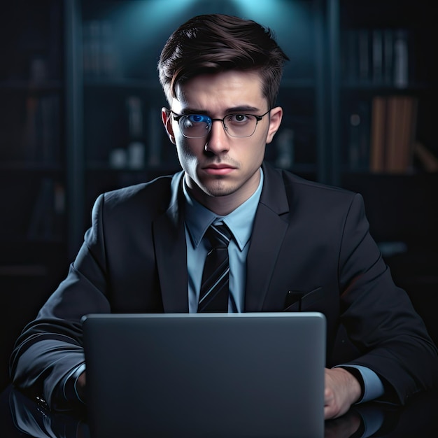 Jonge zakenman met een laptop op kantoor met een suite en stropdas die naar de camera kijkt