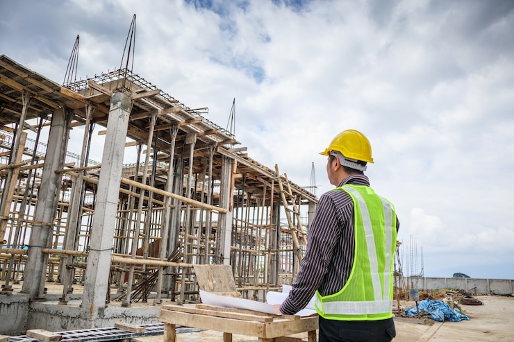 Foto jonge zakenman professionele ingenieur werknemer op de bouwplaats huis bouwen met blauwdruk