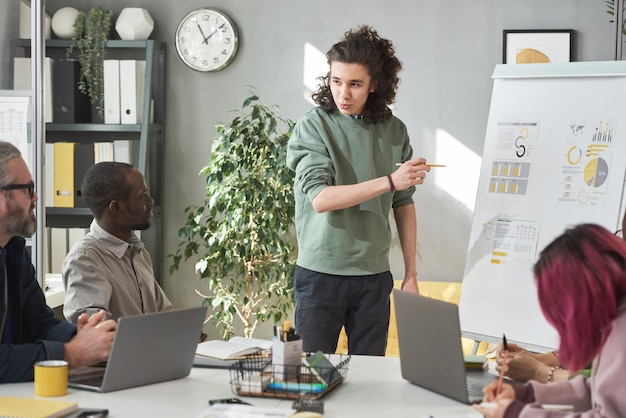 Jonge zakenman wijzend op flip-over en zijn project presenteren aan de collega's tijdens presentatie op kantoor