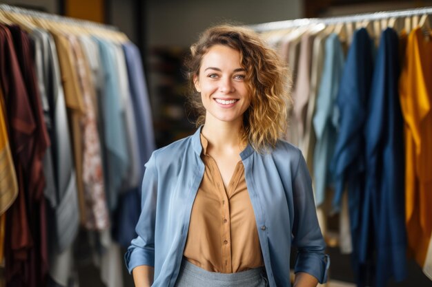 Jonge zakenvrouw glimlachend terwijl ze trots op haar onlangs geopende textielwinkel Genative AI staat