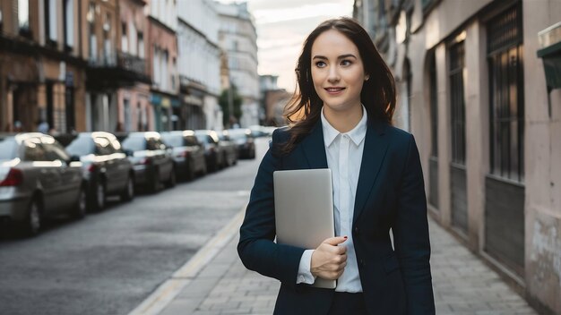 Jonge zakenvrouw in zakenpak met laptop op straat.