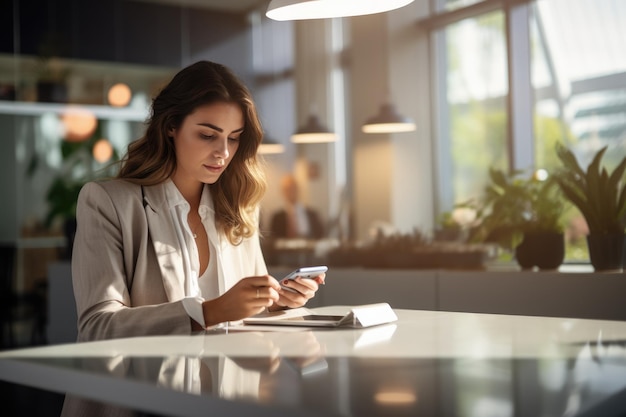 Jonge zakenvrouw met behulp van een mobiele telefoon achter haar bureau op kantoor