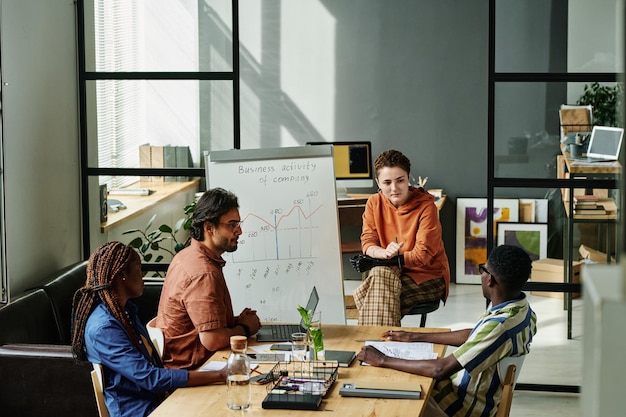 Jonge zakenvrouw met gedeeltelijke arm zittend bij whiteboard