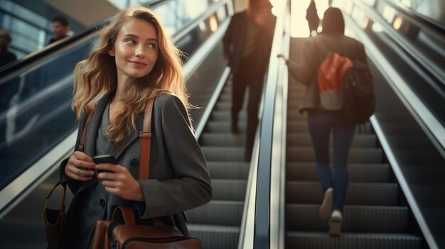 Jonge zakenvrouw met tas en telefoon die op de roltrap stapt tijdens de zakenreis in de moderne stad beeld van mooie vrouw kopieer ruimte voor tekst