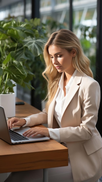 Jonge zakenvrouw typen op laptop zittend aan een modern bureau