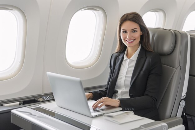 Jonge zakenvrouw werkt met een laptop aan boord van een luxe privéjet