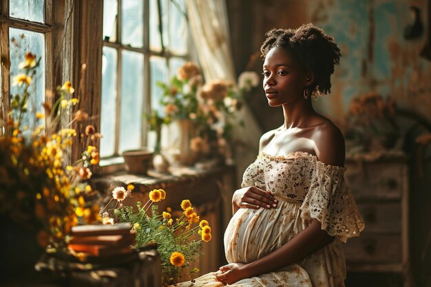 Jonge zwangere Afrikaanse zwarte vrouw tegen een achtergrond van prachtige gekleurde bloemen