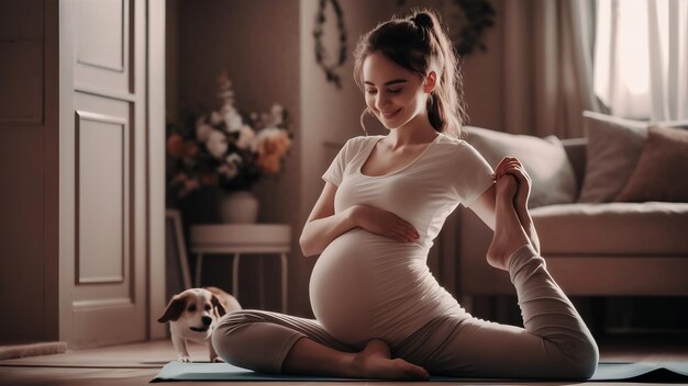 Jonge zwangere vrouw die thuis yoga beoefent