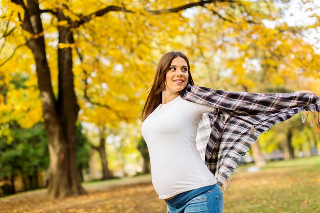 Jonge zwangere vrouw in het herfstpark