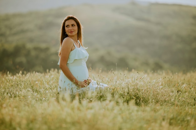 Jonge zwangere vrouw in het veld