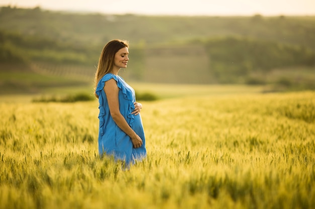 Jonge zwangere vrouw in het veld