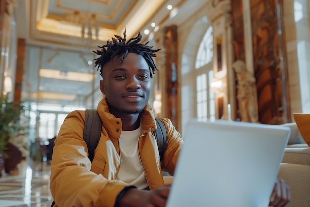 Jonge zwarte Afro-Amerikaanse man met korte dreadlocks die aan een laptop werkt in een hotel lobby