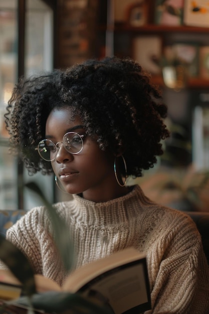 Jonge zwarte Afro-Amerikaanse vrouw zit in een café met een bril en houdt een open boek vast.