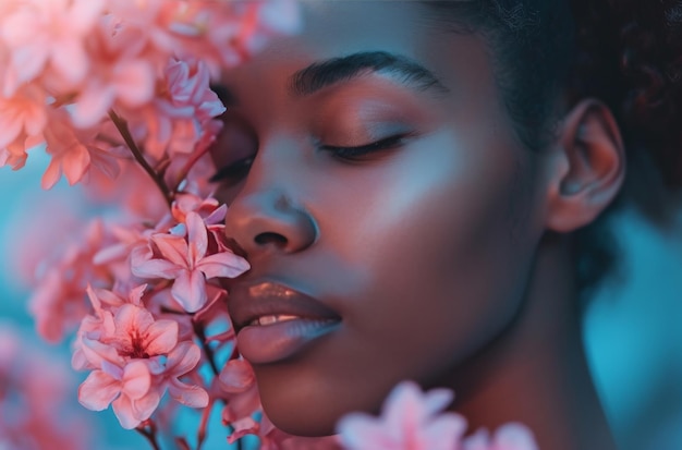 Foto jonge zwarte vrouw die een bos roze bloemen ruikt