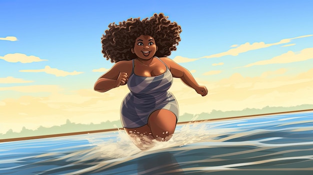 Jonge zwarte vrouw in zwembroek geniet van een vakantie in water op het strand.