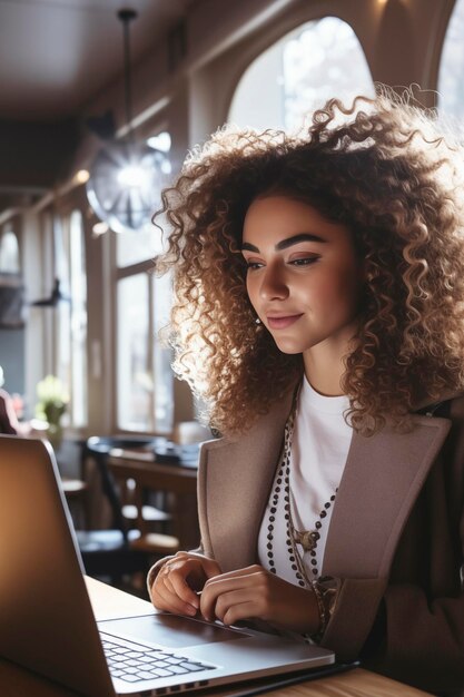 Jonge zwarte vrouw met krullend haar die met laptop werkt terwijl ze binnenshuis in café zit